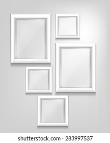 A set of rectangular and square glossy white frames on a light gray background. Vector illustration