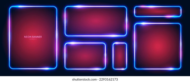 A set of rectangular and square neon frames with rounded edges with radiance effects, highlights on a dark blue background. Futuristic modern neon glowing banners. Vector illustration.