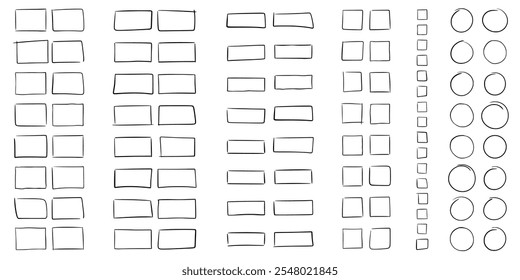 Set von rechteckigen, quadratischen, runden Umrissrahmen, handgezeichnet in fegender, gepflegter Handschrift mit Unterbrechung. Grafikvorlage der Tabelle mit Spalten. Vektorgrafik einfacher geometrischer Formen.