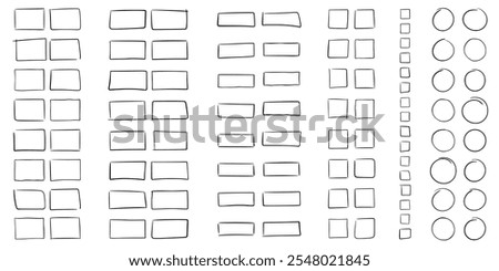 Set of rectangular, square, round outline frames, hand drawn in sweeping neat handwriting with interruption. Graphic template of table with columns. Vector illustration of simple geometric shapes.