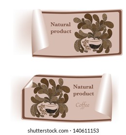 Set of rectangular stickers with cups of coffee and a pattern 