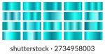 Set of rectangular swatches with various metallic gradients in vibrant shades of cyan, turquoise, and teal with realistic light reflections and shadows