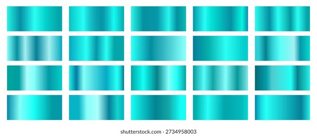 Set of rectangular swatches with various metallic gradients in vibrant shades of cyan, turquoise, and teal with realistic light reflections and shadows