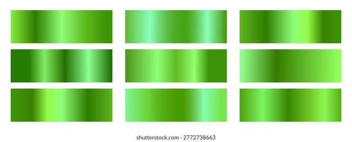 Set of rectangular swatches with various metallic gradients in vibrant shades of green