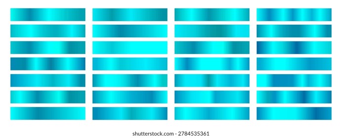 Set of rectangular swatches with various metallic gradients in vibrant shades of cyan, turquoise, and teal colors