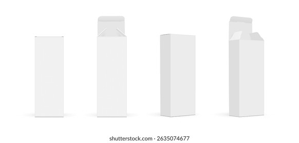 Set Of Rectangular Tall Packaging Boxes Mockups, Front and Side View, Opened and Closed Lid, Isolated On White Background. Vector Illustration