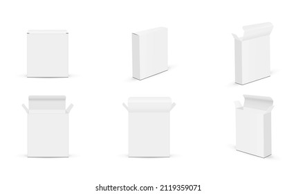 Set of Rectangular Thin Boxes Mockups, Opened and Closed Lid, Front, Side and Back View, Isolated on White Background. Vector Illustration