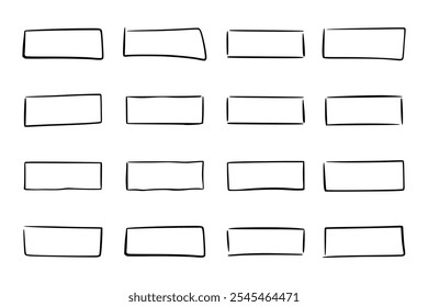 Satz von rechteckigen dünnen Umrissrahmen, von Hand gezeichnet in fegen ordentlich mit Dynamik. Grafikvorlage der Tabelle mit vier Zeilen und Spalten. Vektorgrafik von Zellen für Text, Hervorhebung von Akzenten.