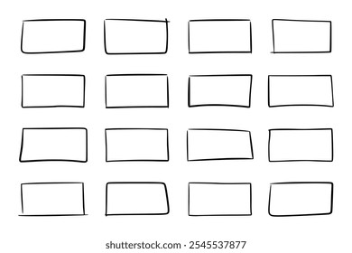 Satz von rechteckigen dünnen Umrissrahmen, von Hand gezeichnet in fegen ordentlich mit Dynamik. Grafikvorlage der Tabelle mit vier Zeilen und Spalten. Vektorgrafik von Zellen für Text, Hervorhebung von Akzenten.