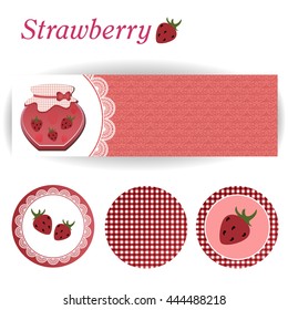set of rectangular and three round stickers for strawberry jam