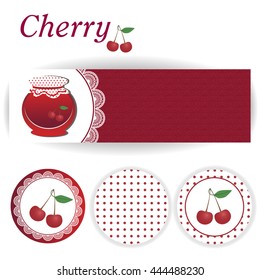 set of rectangular and three round stickers for cherry jam