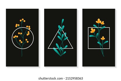 Set of rectangular, triangular, circle and flower branch wall decor on black theme.
