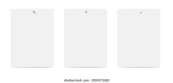 Set of rectangular vertical blank sheets on wall, attached with metal nails in realistic vector illustration. White sheets of paper with shadow, template, mock up for image, notes, lettering, poster.