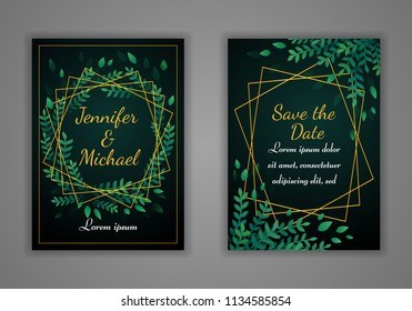 Set of rectangular wedding invite cards. Poster, flyer, brochure, greeting card template. Green floral wreath and green leaves with golden frames on a dark background.