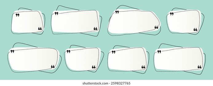 A set of rectangular white blank templates for testimonials or quotes. Modern empty border text box on halftone gradient. Quotation Mark. Vector illustration