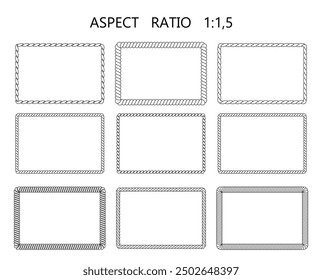 Set of rectangular wide and narrow frames isolated on white background. Marine twisted rope, cable, chain. Collection of borders for decorating text, printing on paper, textiles. Vector illustration