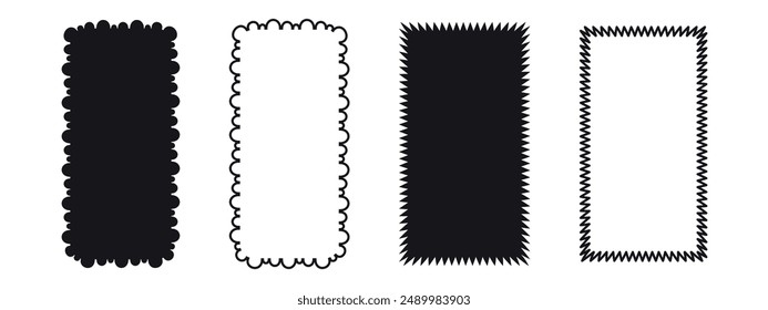 Set of rectangular zigzag, scalloped and wavy frame. Pop vintage groovy border. Vector illustration on white background