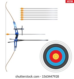 Set of Recurve Archery with arrows and target. Archery Sport Equipment. Classic sporting model for Games and Competition Range. Vector Illustration isolated on white background.