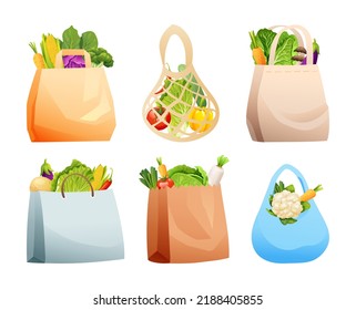 Set of recyclable bags with vegetables vector illustration. Reusable bags with fresh healthy food in cartoon style