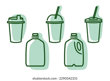 Set of recyclable drink items in green color. Outline pictograms signs symbols of beverage packaging. Milk gallon, coffee cup with flat dome cover. Vector illustration. Ecology and waste recycling