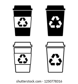 Set of recyclable packaging icons. Disposable coffee or tea eco cups with recycling sign. Vector Illustration