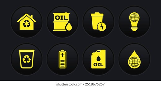 Set Recycle bin with recycle, Battery charge level indicator, Canister machine oil, Lightning trash can, Oil barrel, Earth planet water drop and Eco House recycling icon. Vector