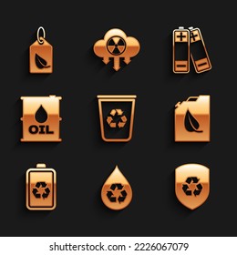 Set Recycle bin with recycle, clean aqua, inside shield, Bio fuel canister, Battery, Oil barrel, and Tag leaf icon. Vector