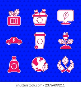 Set Recycle bin, Earth globe and leaf, Leaf hand, Electric saving plug, Garbage bag with recycle, car, Location and Eco symbol icon. Vector
