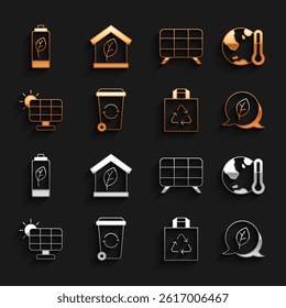 Set Recycle bin, Earth melting to global warming, Leaf Eco symbol, Shopping bag with recycle, Solar energy panel, nature leaf battery and friendly house icon. Vector