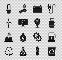 Set Recycle Bin With Recycle, Electric Car Charging Station, Propane Gas Tank, Car Battery, Location Leaf, Wind Turbine, LED Light Bulb And  Icon. Vector