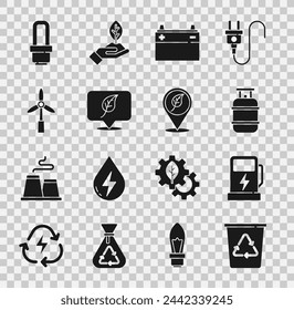 Set Recycle bin with recycle, Electric car charging station, Propane gas tank, Car battery, Location leaf, Wind turbine, LED light bulb and  icon. Vector