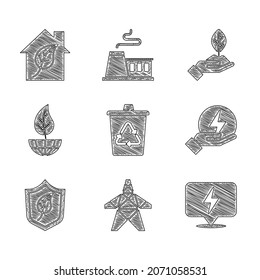 Set Recycle bin with recycle, Electric tower, Lightning bolt, Shield leaf, Earth globe and, Plant hand and Eco friendly house icon. Vector