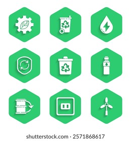 Set Recycle bin with recycle, Electrical outlet, Wind turbine, Bottle of water, Eco fuel barrel, symbol inside shield, Water energy and Leaf plant gear machine icon. Vector