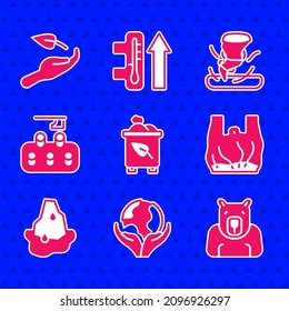 Set Recycle bin with recycle, Hand holding Earth globe, Polar bear head, Say no to plastic bags poster, Glacier melting, Deforestation, Tornado and Sprout hand icon. Vector