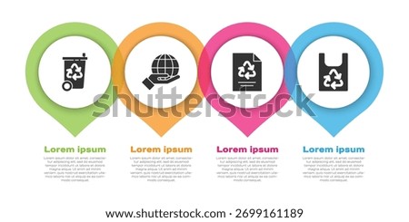 Set Recycle bin with recycle, Hand holding Earth globe, Paper with recycle and Plastic bag with recycle. Business infographic template. Vector