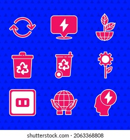 Set Recycle bin with recycle, Hands holding Earth globe, Head electric symbol, Leaf plant gear machine, Electrical outlet,  and Refresh icon. Vector