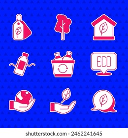 Set Recycle bin, Leaf hand, Eco symbol, Hand holding Earth globe, The problem of pollution, friendly house and Tag with leaf icon. Vector