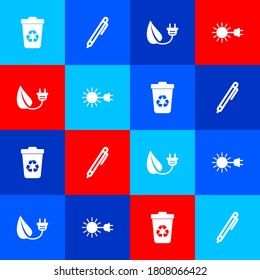 Set Recycle bin with recycle, Pen, Electric saving plug leaf and Sun electric icon. Vector.