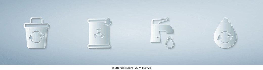 Set Recycle bin, Radioactive waste barrel, Water tap and clean aqua. Paper art style. Vector