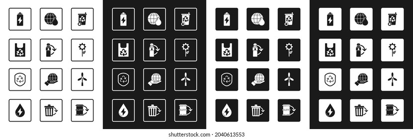 Das Recycling-Papierkorb mit Recycling-Plastikflasche, Plastikbeutel, Batterien, Leaf-Anlagengetriebe, Wassertropfen auf der Erde, Windturbine und Symbol im Inneren des Schildes Symbol. Vektorgrafik