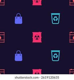 Set Recycle bin with recycle, Shopping bag, Radioactive waste barrel and Oil on seamless pattern. Vector