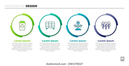 Set Recycle bin, Solar energy panel, Electric saving plug leaf and Tree. Business infographic template. Vector
