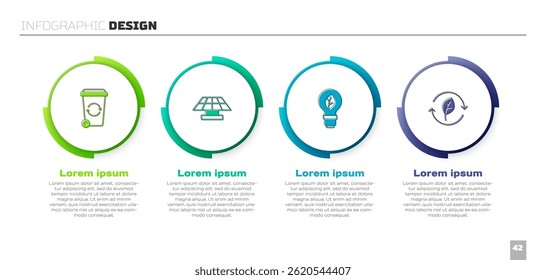 Set Recycle bin, Solar energy panel, Light bulb with leaf and symbol. Business infographic template. Vector