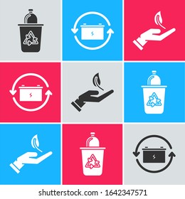 Set Recycle bin with recycle symbol, Battery with recycle symbol and Sprout in hand of environmental protection icon. Vector