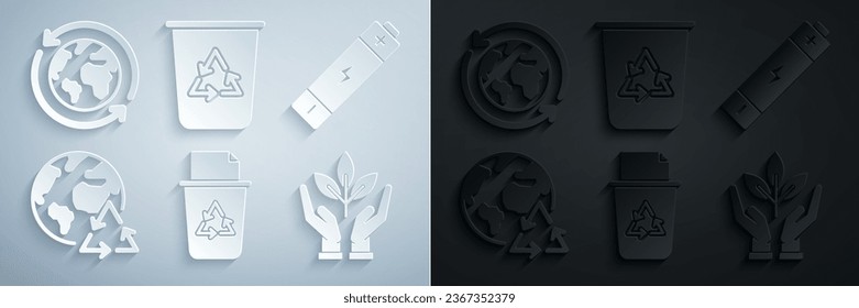 Set Recycle bin with recycle symbol, Battery, Planet earth and recycling, Plant hand of environmental protection,  and  icon. Vector