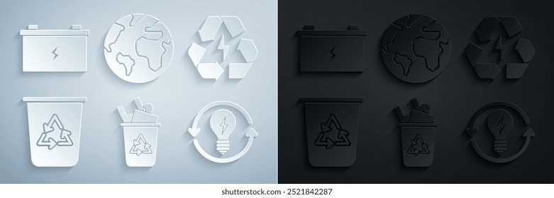 Set Recycle bin with recycle symbol, Battery, and light bulb lightning, Earth globe and Car battery icon. Vector