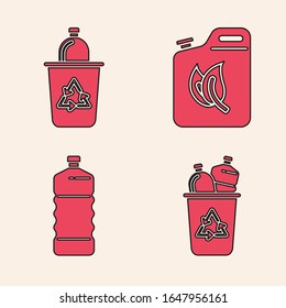 Coloque la papelera de reciclaje con el símbolo de reciclaje, la papelera de reciclaje con el símbolo de reciclaje, el cartucho de combustible Biocombustible y el icono del frasco de plástico. Vector