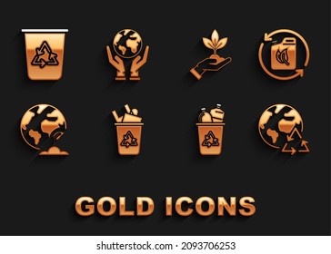 Set Recycle bin with recycle symbol, Bio fuel canister, Planet earth and recycling, Earth globe plant, Plant hand of environmental protection,  and Human hands holding icon. Vector