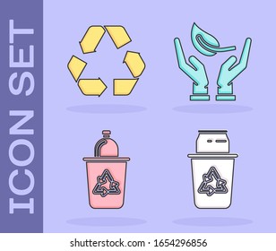 Set Recycle bin with recycle symbol and can, Sprout in hand of environmental protection icon. Vector