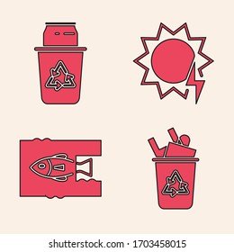 Set Recycle bin with recycle symbol, Recycle bin with recycle symbol and can, Solar energy panel and Stop ocean plastic pollution icon. Vector